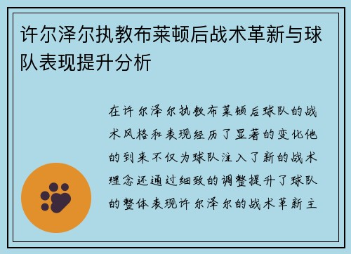 许尔泽尔执教布莱顿后战术革新与球队表现提升分析