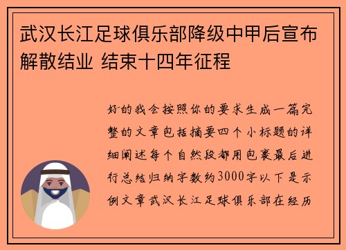 武汉长江足球俱乐部降级中甲后宣布解散结业 结束十四年征程